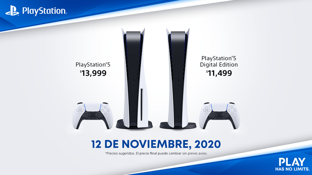 PlayStation 5 se lanzará en noviembre en México a un precio de $11,499 para PS5 Digital Edition y $13,999 para PS5 con lectora de discos Blu-ray Ultra HD.