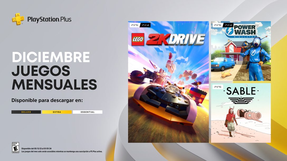 Los Juegos Mensuales de PlayStation Plus para diciembre son: Lego 2K Drive, Powerwash Simulator, Sable