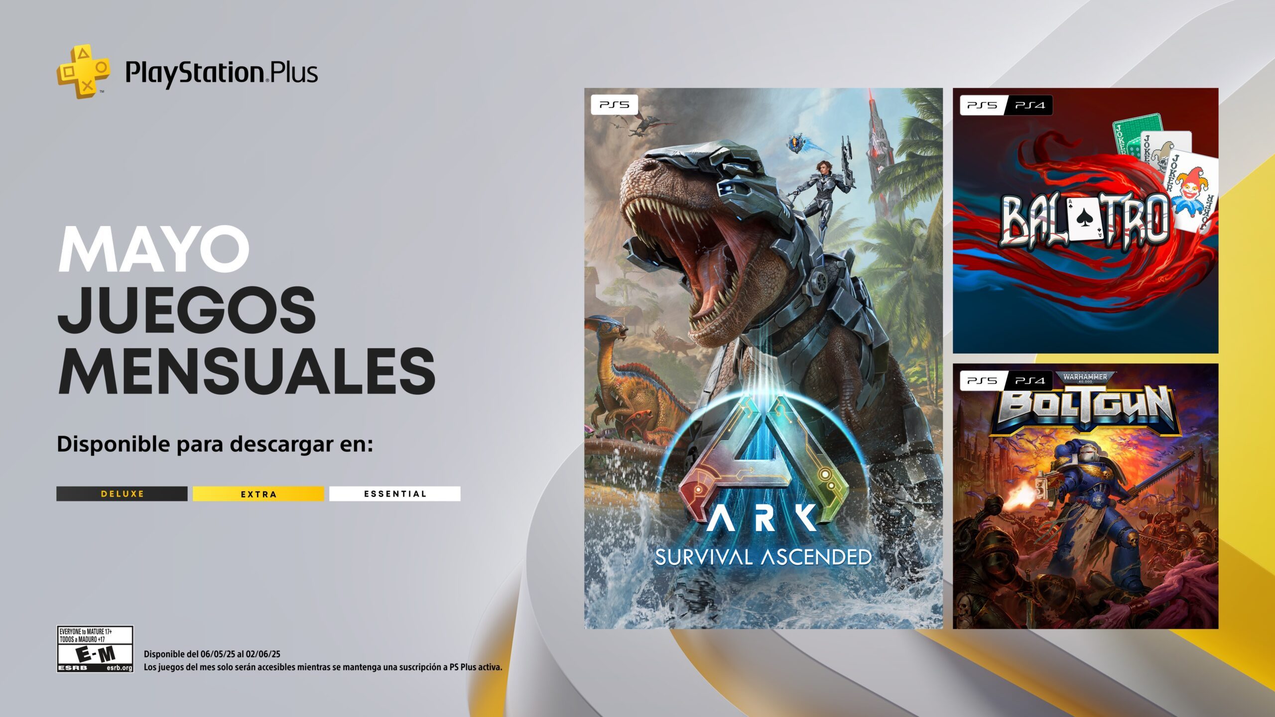 Juegos Mensuales en PlayStation Plus para mayo: Ark: Survival Ascended, Balatro, Warhammer 40,000: Boltgun